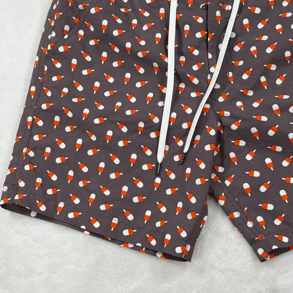 Tom & Teddy Mens Swim Shorts Grey Orange Popsicle Print Drawstring Mesh Lined M